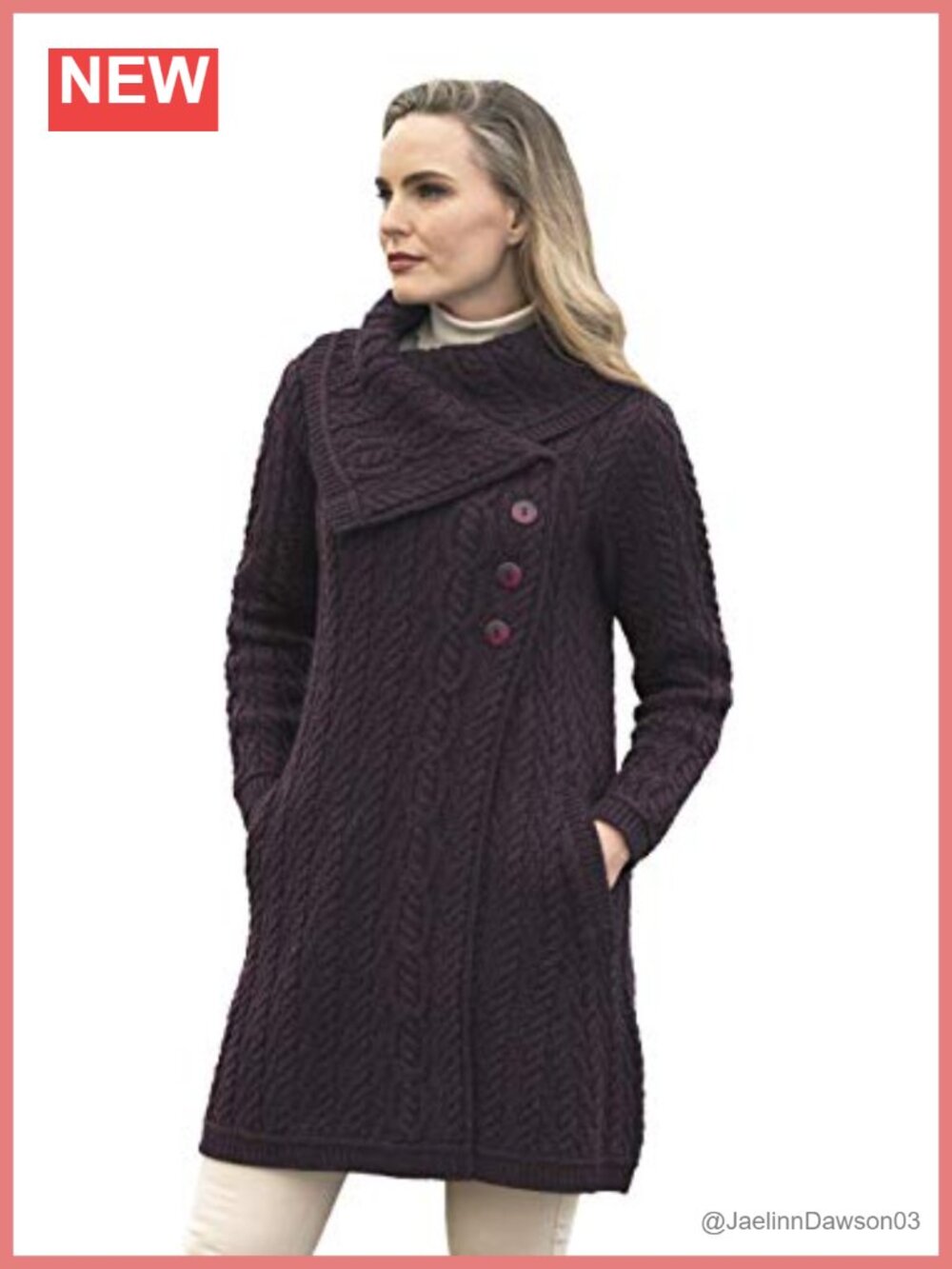 Merino Wool Cable Knit Coat 3 Button Long Sleeve Winter Overcoat